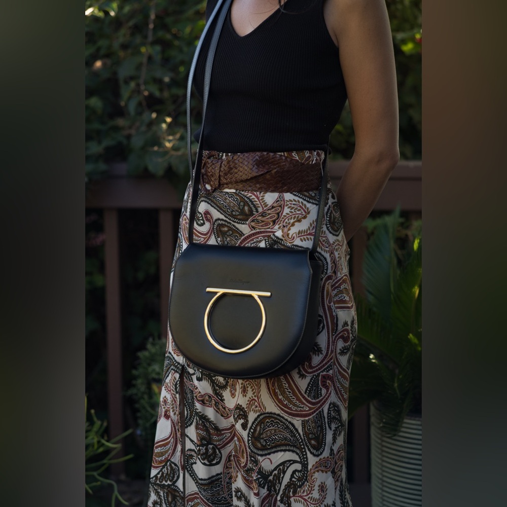 Salvatore Ferragamo Black Adjustable Crossbody Saddle Bag with Gold Accent